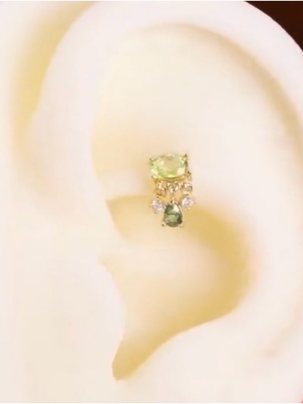 14K Solid Gold Peridot Moissanite and Moss Agate Dangle Stud - Picture 4 of 4